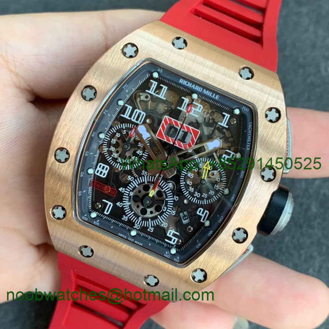 Replica Richard Mille RM011 Rose Gold Chrono KVF 1:1 Best Edition Crystal Dial Black on Red Rubber Strap A7750 V3