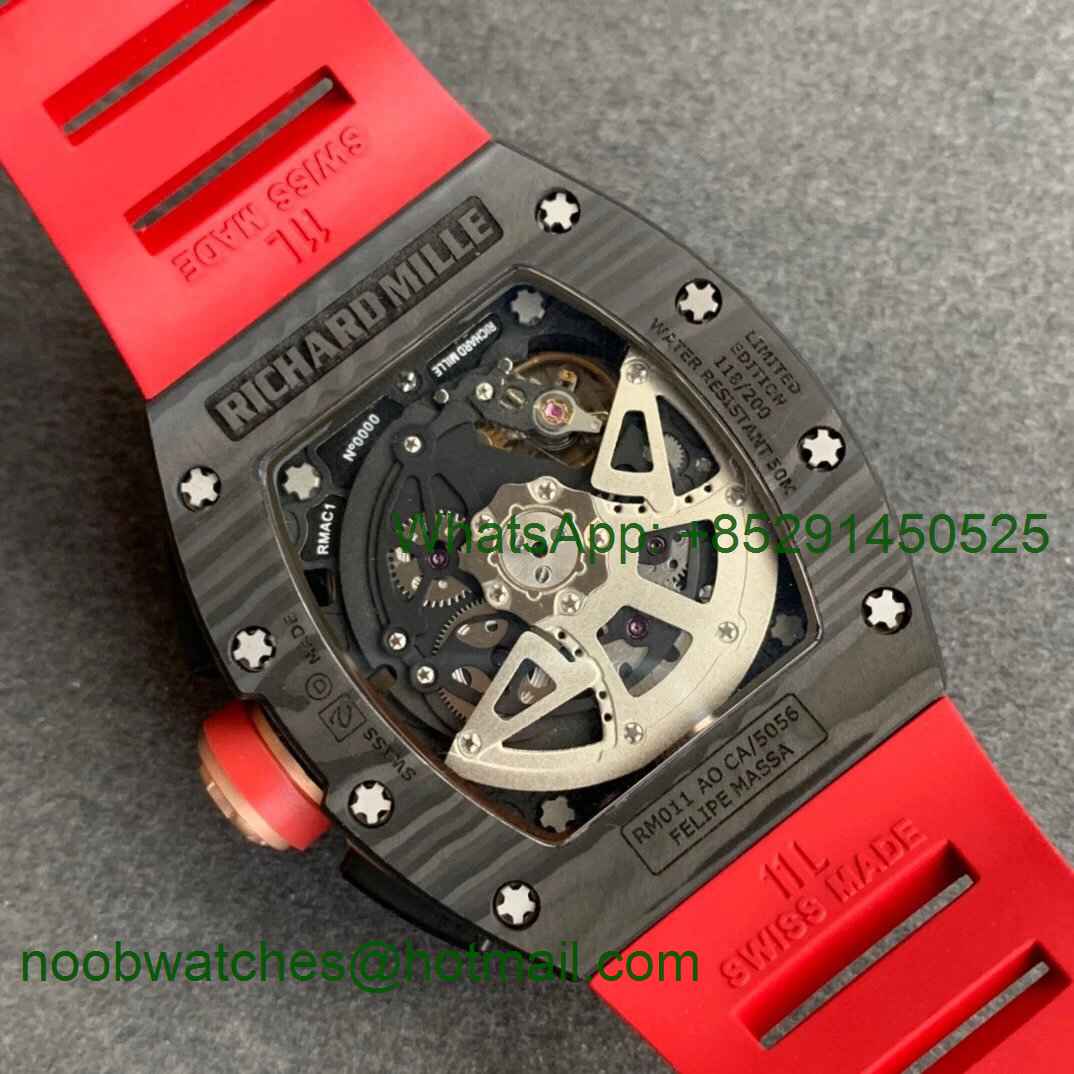 Replica Richard Mille RM011 NTPT Chrono PVD Case KVF 1:1 Best Crystal Dial Red on Black Rubber Strap A7750 V2