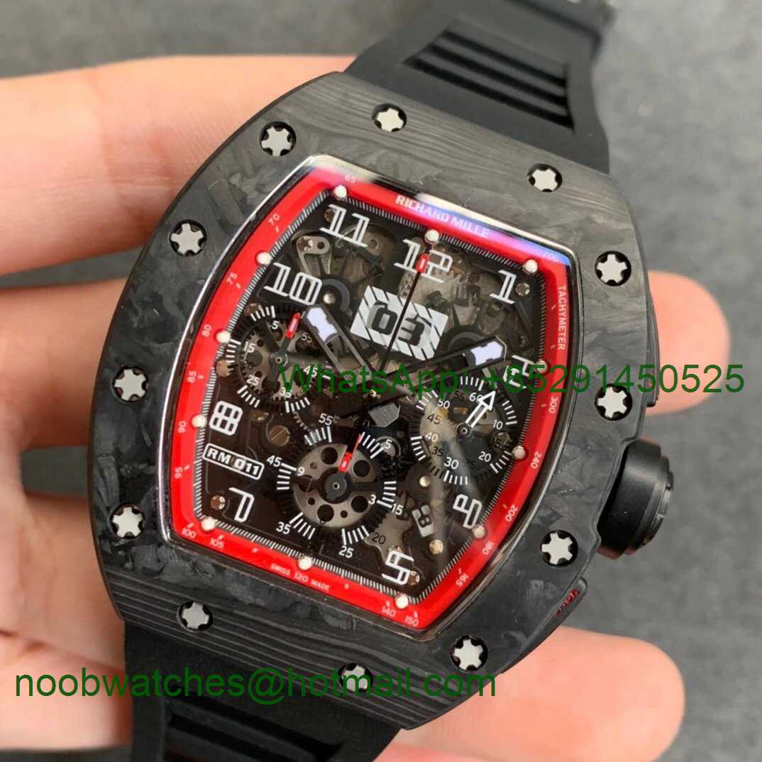Replica Richard Mille RM011 NTPT Chrono PVD Case KVF 1:1 Best Crystal Dial Red on Black Rubber Strap A7750 V2