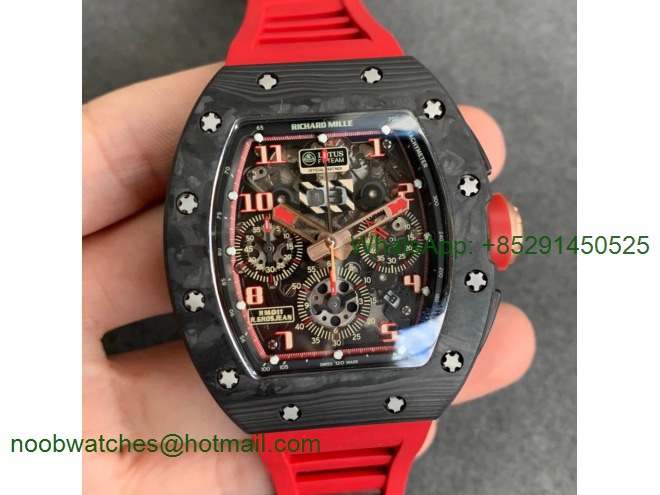 Replica Richard Mille RM011 NTPT Chrono PVD Case KVF 1:1 Best Crystal Dial Red on Rubber Strap A7750 V2