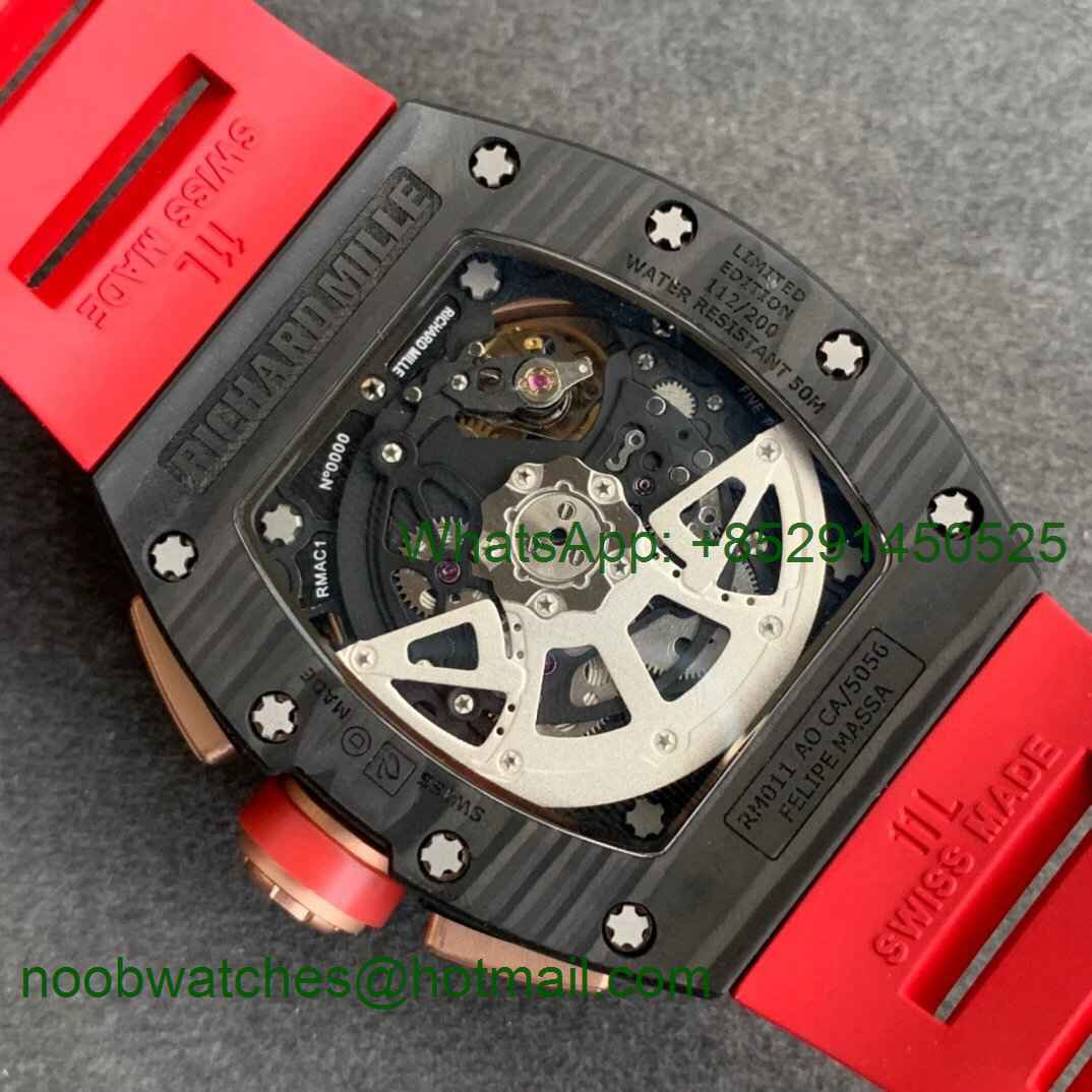 Replica Richard Mille RM011 NTPT Chrono Rose Gold Case KVF 1:1 Best Crystal Dial Red on Rubber Strap A7750 V2