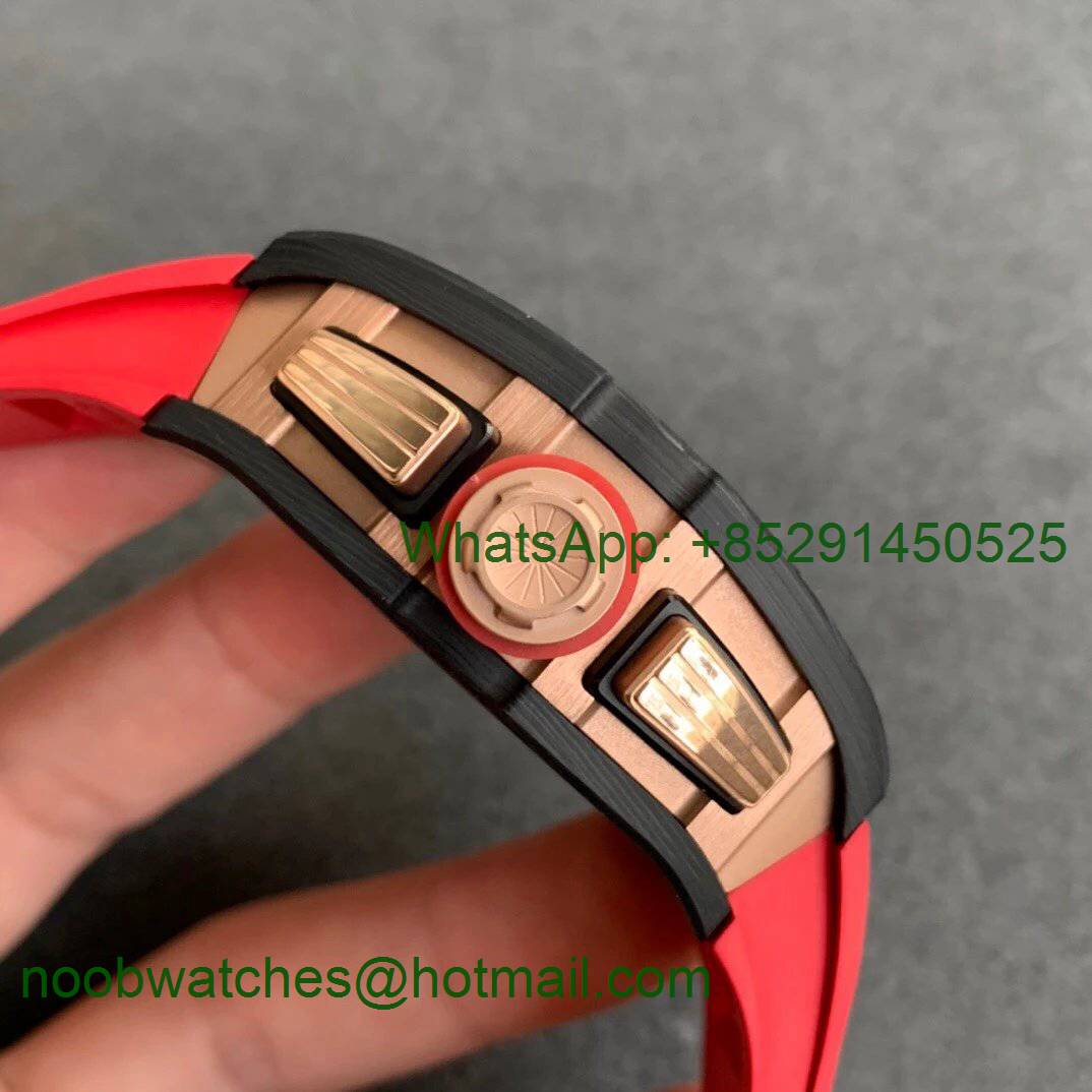 Replica Richard Mille RM011 NTPT Chrono Rose Gold Case KVF 1:1 Best Crystal Dial Red on Rubber Strap A7750 V2