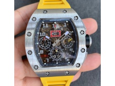 Replica Richard Mille RM011 SS Chrono KVF 1:1 Best Crystal Dial Black on Yellow Rubber Strap A7750 V3