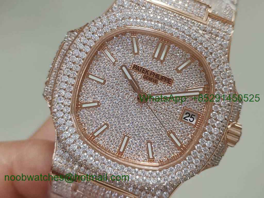 Replica Patek Philippe Nautilus 5719 Rose Gold Full Diamond R8F V3 Best Ice Out Bracelet A324 Clone