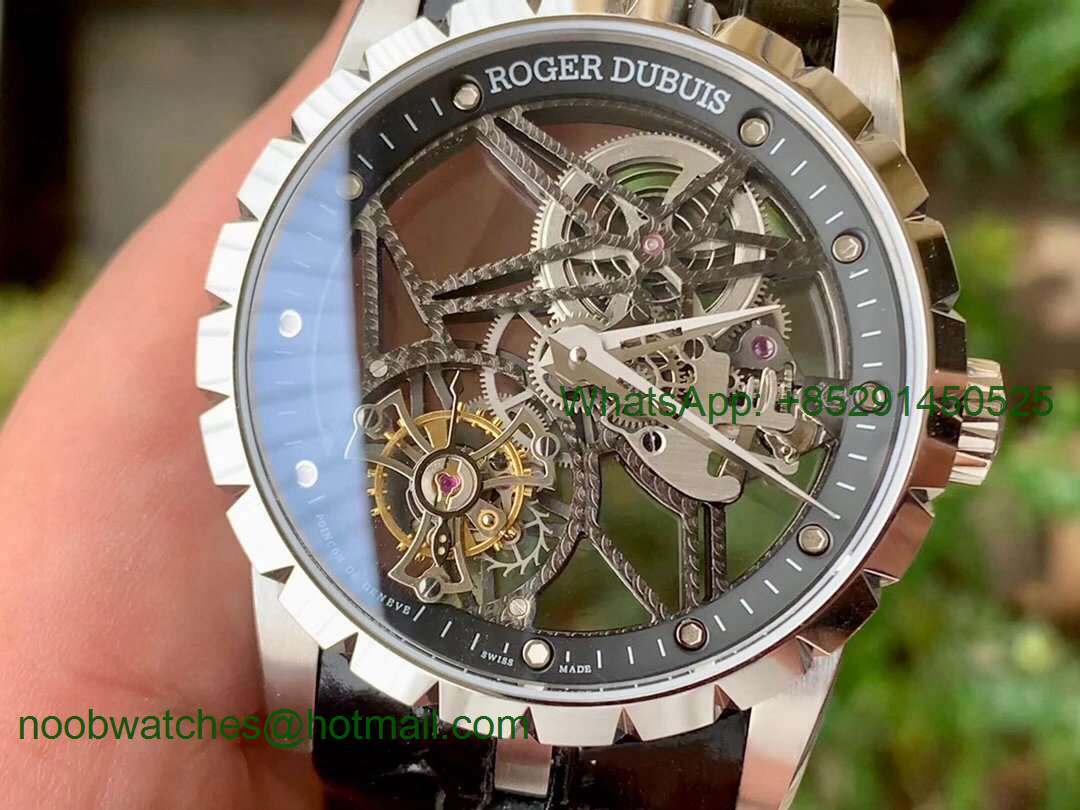 Replica Roger Dubuis Excalibur Rddbex0392 SS BBR Best Skeleton Dial on Black Leather A2136 Tourbillon