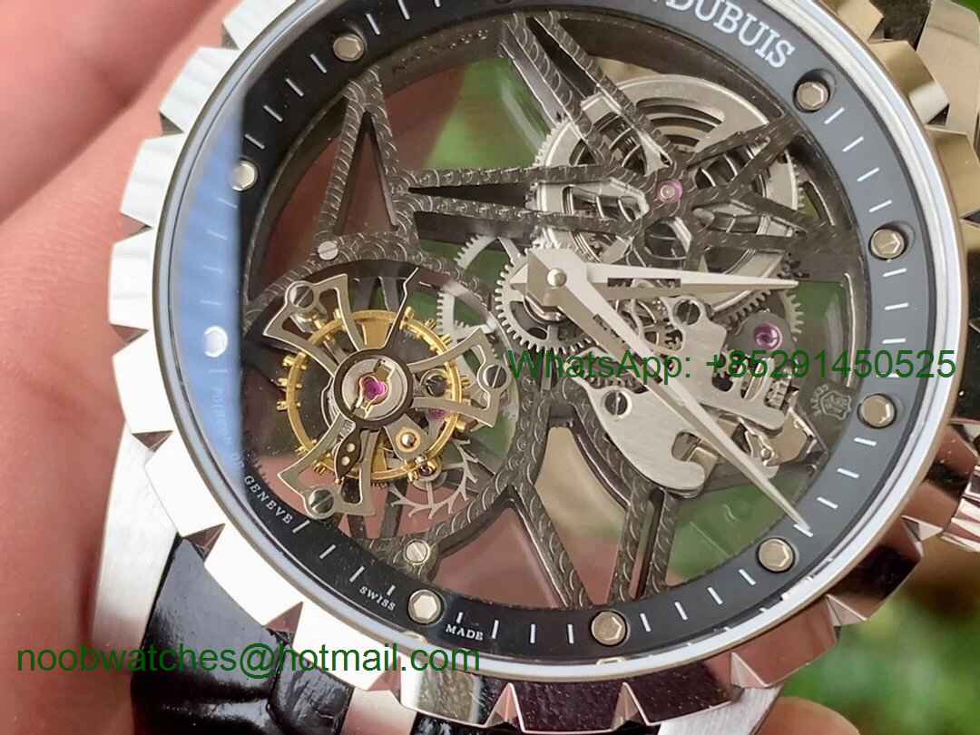 Replica Roger Dubuis Excalibur Rddbex0392 SS BBR Best Skeleton Dial on Black Leather A2136 Tourbillon