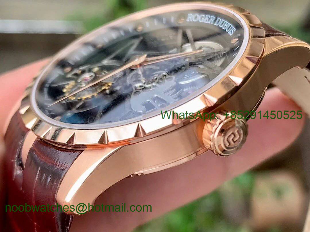 Replica Roger Dubuis Excalibur Rddbex0392 Rose Gold BBR Best Skeleton Dial Brown Leather A2136 Tourbillon