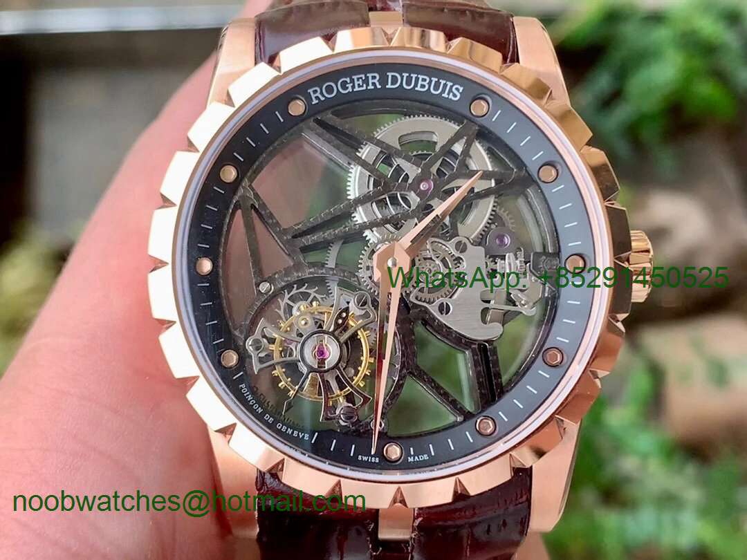 Replica Roger Dubuis Excalibur Rddbex0392 Rose Gold BBR Best Skeleton Dial Brown Leather A2136 Tourbillon