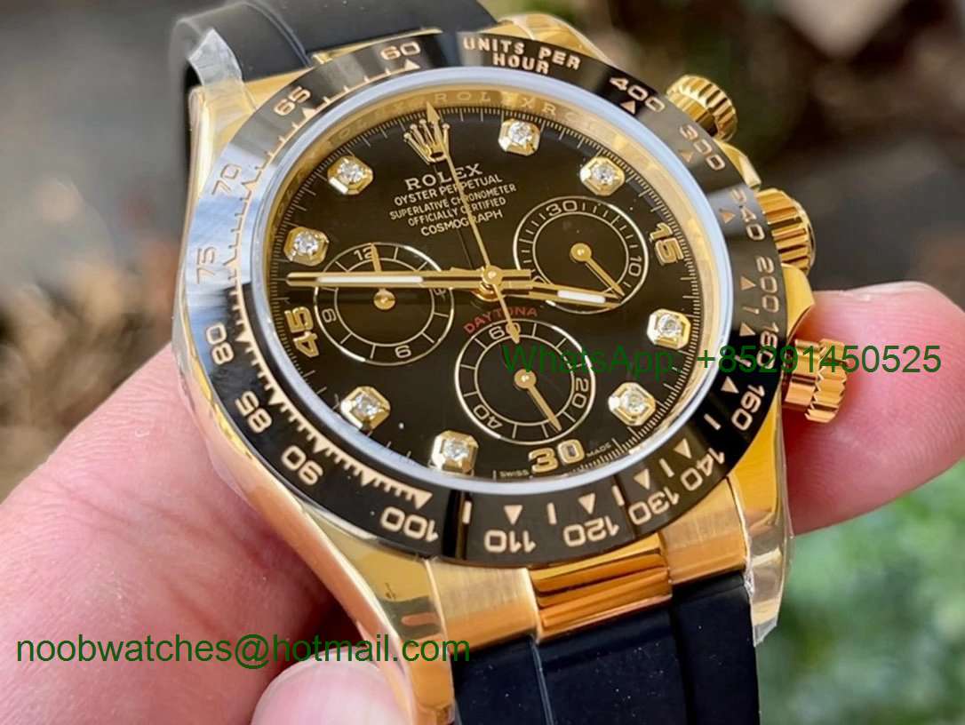 Replica Rolex Daytona 116518 Noob 1:1 Best Yellow Gold Plated 904L Black Diamonds Dial on Rubber SA4130 V4