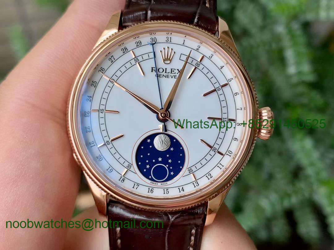 Replica Rolex Cellini 50535 Moonphase Rose Gold KZF Best White Dial on Brown Leather A3195
