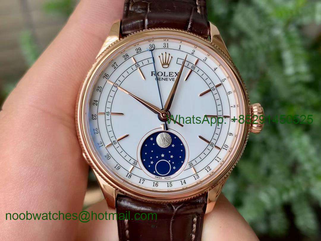Replica Rolex Cellini 50535 Moonphase Rose Gold KZF Best White Dial on Brown Leather A3195
