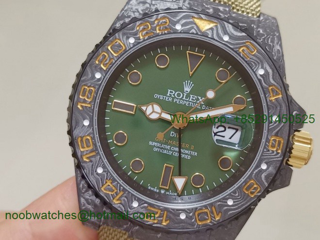 Replica Rolex GMT II DIW Desert Black Carbon Case Green Dial OMF A3186 CHS