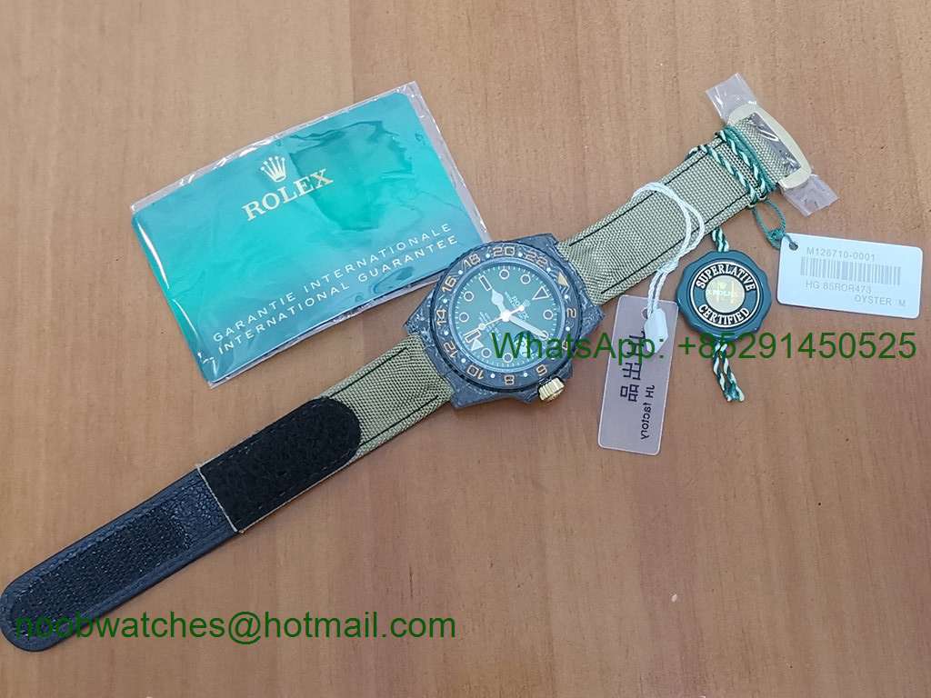 Replica Rolex GMT II DIW Desert Black Carbon Case Green Dial OMF A3186 CHS