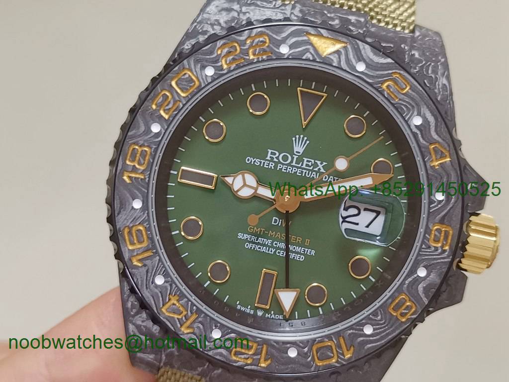 Replica Rolex GMT II DIW Desert Black Carbon Case Green Dial OMF A3186 CHS