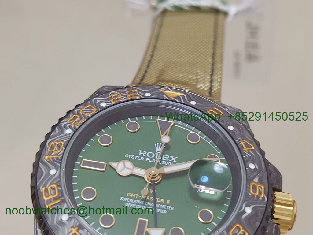 Replica Rolex GMT II DIW Desert Black Carbon Case Green Dial OMF A3186 CHS