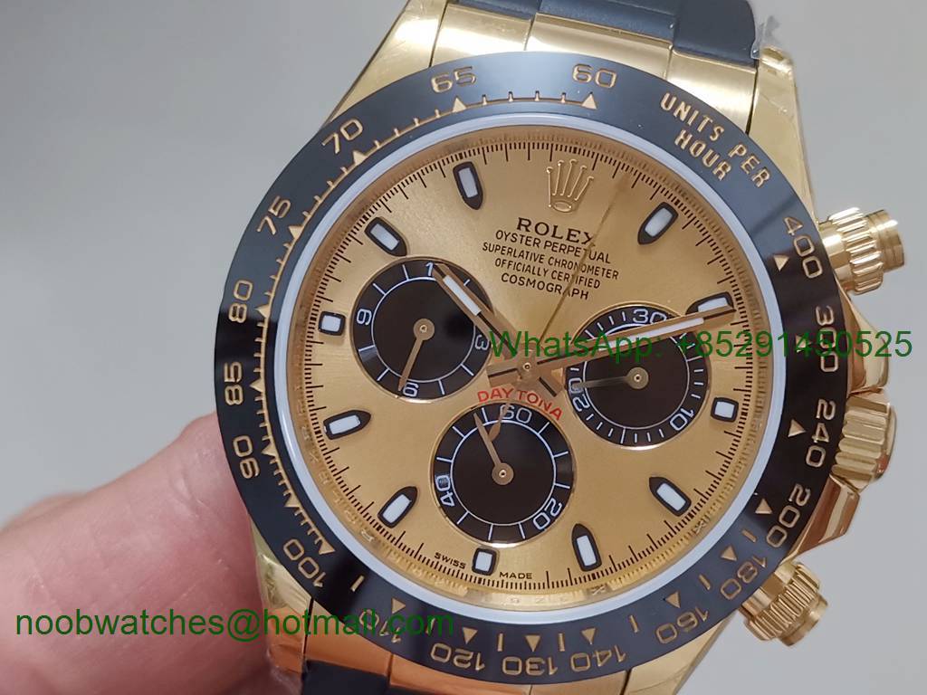 Replica Rolex Daytona 116518 Yellow Gold Plated YG/Black Dial on Rubber A7750 Noob Fake