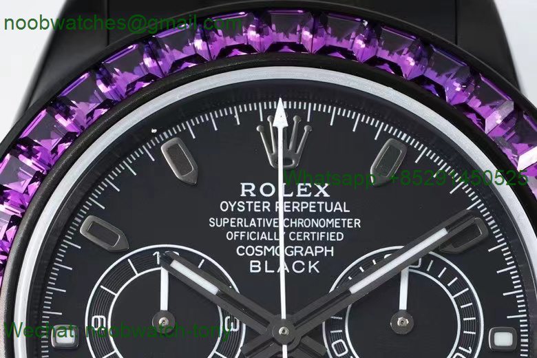 Replica Rolex Daytona Blaken Black DLC 904L Purple Diamond Bezel NOOB Factory SA4130