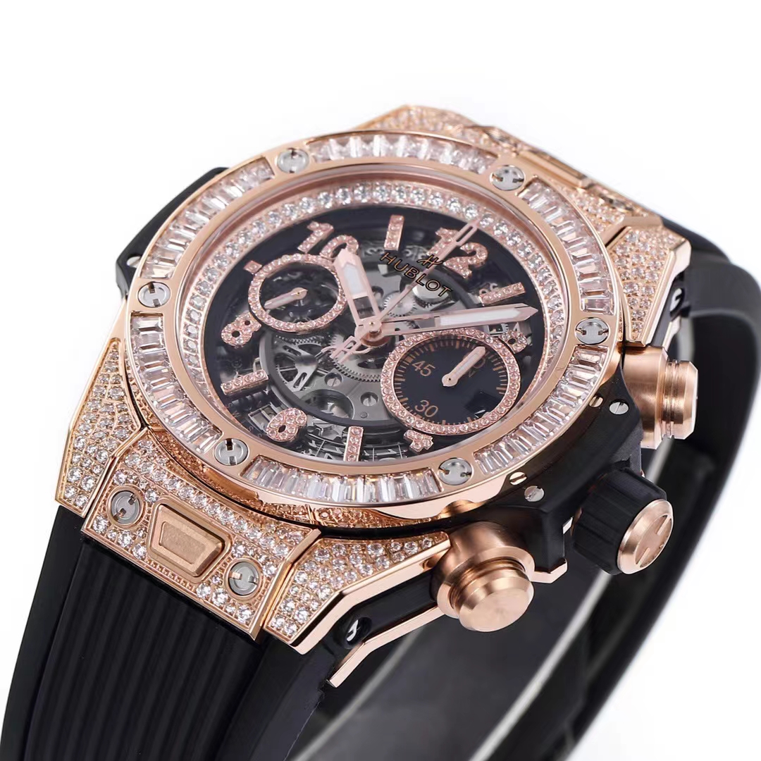 Replica HUBLOT Big Bang Unico Rose Gold Full Diamonds Ice Out ZF 1:1 Best Skeleton Dial A1280