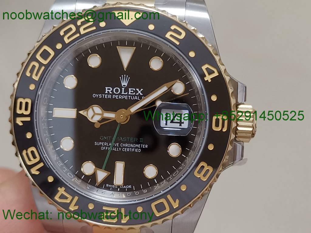Replica Rolex GMT II 116713 Two Tone Gold Steel Black Dial 904L Clean 1:1 Best VR3186 CHS