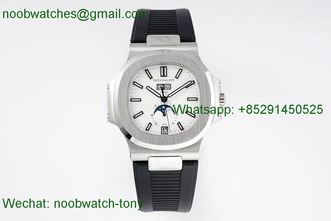 Replica Patek Philippe Nautilus 5726 Complicated PPF 1:1 Best White Dial on Black Rubber Strap A324