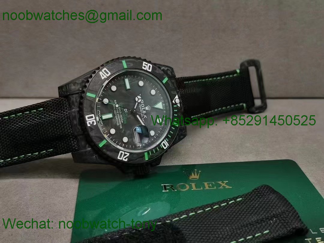 Replica Rolex Submariner DiW Black Carbon Green Markers VSF 1:1 Best VS3135 NYLON