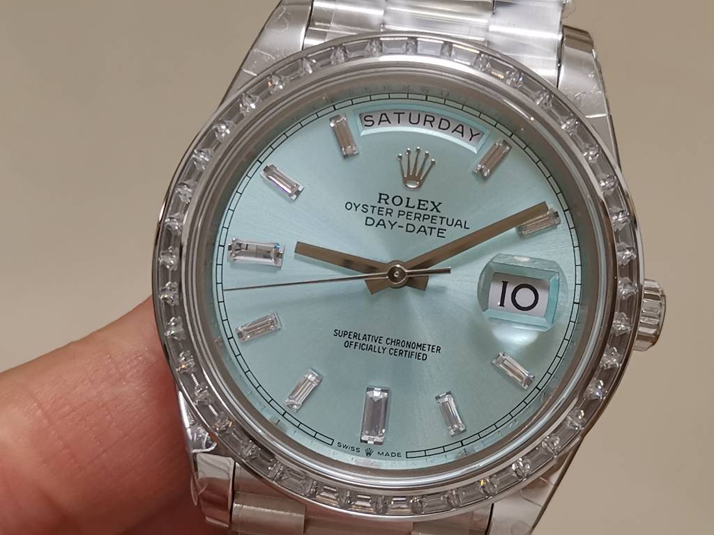 Replica Rolex DayDate 40mm SS Ice Blue Dial Diamond Bezel GMF 904L A3255 Mod 