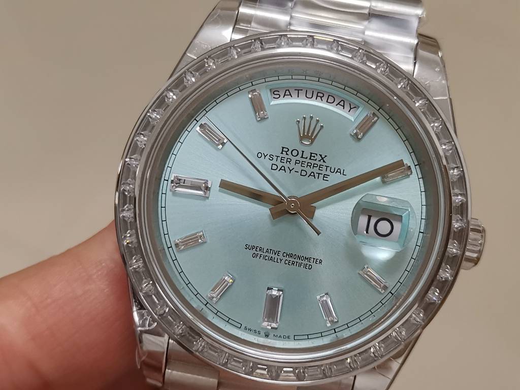 Replica Rolex DayDate 40mm SS Ice Blue Dial Diamond Bezel GMF 904L A3255 Mod 