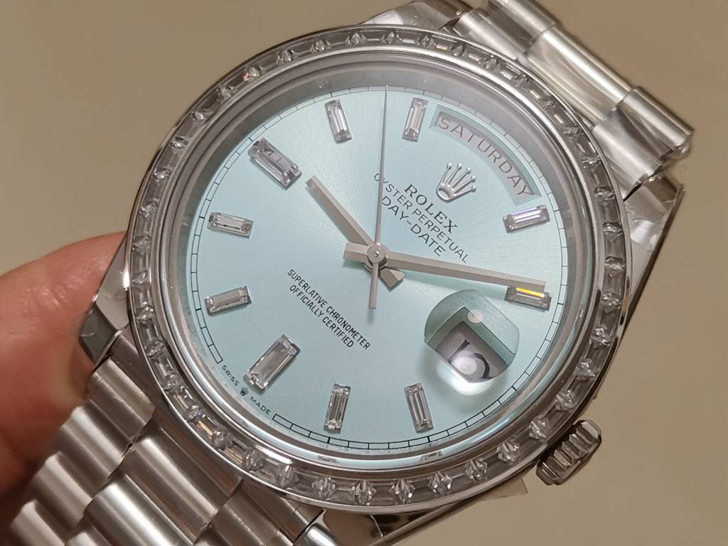 Replica Rolex DayDate 40mm SS Ice Blue Dial Diamond Bezel GMF 904L A3255 Mod 