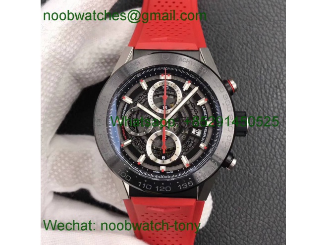 Replica TAG Heuer Carrera Calibre 01 Chrono SS/PVD XF 1:1 Best Edition Skeleton Dial Red Hand Red Rubber Strap A1887