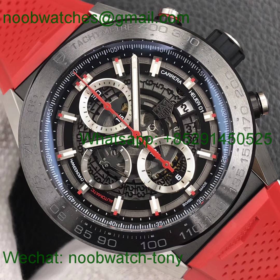 Replica TAG Heuer Carrera Calibre 01 Chrono SS/PVD XF 1:1 Best Edition Skeleton Dial Red Hand Red Rubber Strap A1887