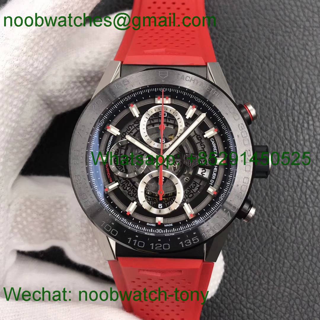 Replica TAG Heuer Carrera Calibre 01 Chrono SS/PVD XF 1:1 Best Edition Skeleton Dial Red Hand Red Rubber Strap A1887