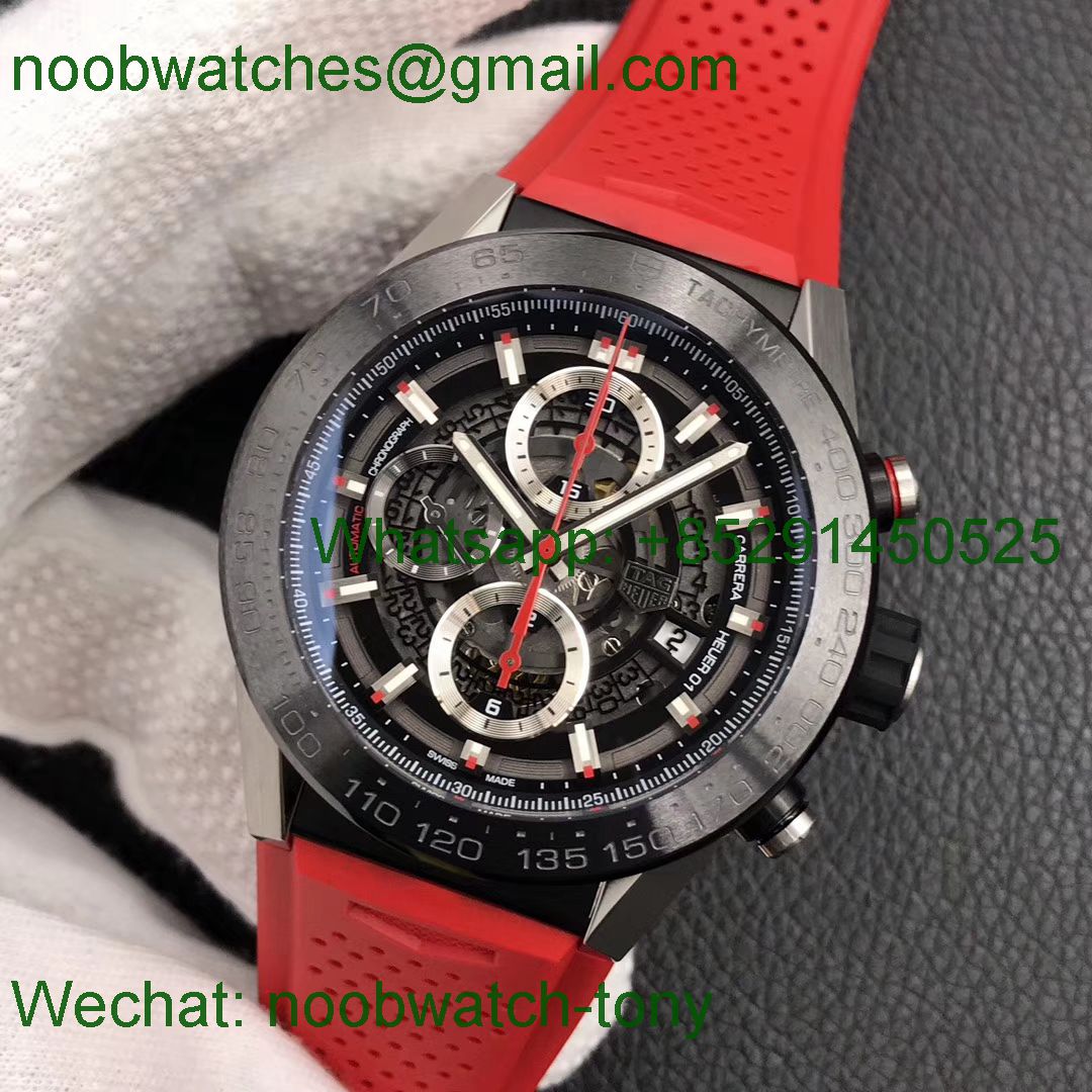 Replica TAG Heuer Carrera Calibre 01 Chrono SS/PVD XF 1:1 Best Edition Skeleton Dial Red Hand Red Rubber Strap A1887