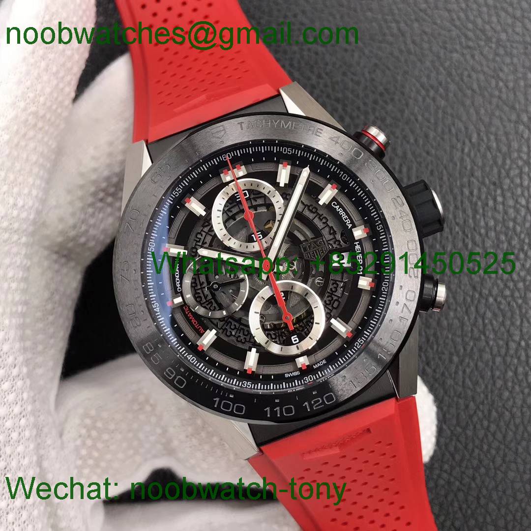 Replica TAG Heuer Carrera Calibre 01 Chrono SS/PVD XF 1:1 Best Edition Skeleton Dial Red Hand Red Rubber Strap A1887