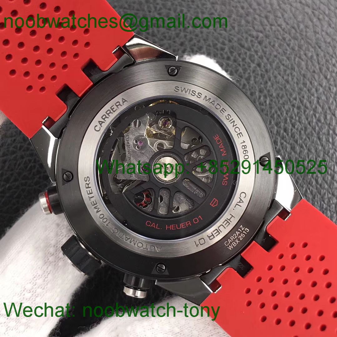 Replica TAG Heuer Carrera Calibre 01 Chrono SS/PVD XF 1:1 Best Edition Skeleton Dial Red Hand Red Rubber Strap A1887