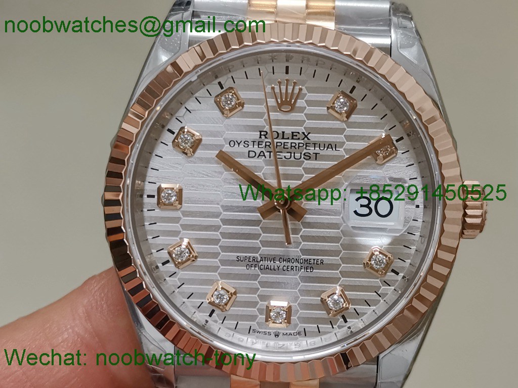 Replica ROLEX Datejust 126231 36mm Two Tone Rose GOLD Textured Silver Diamond VSF VS3235