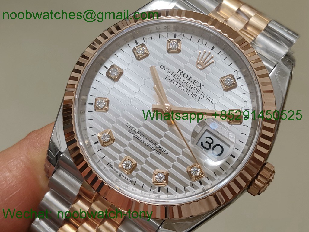 Replica ROLEX Datejust 126231 36mm Two Tone Rose GOLD Textured Silver Diamond VSF VS3235