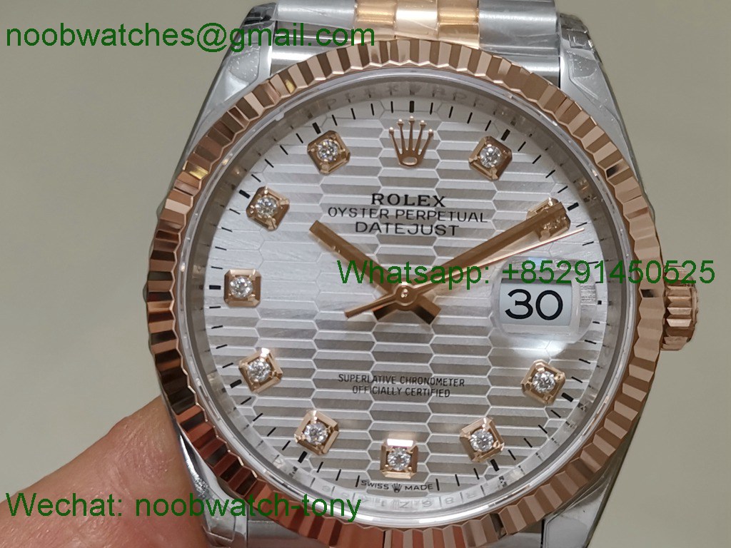 Replica ROLEX Datejust 126231 36mm Two Tone Rose GOLD Textured Silver Diamond VSF VS3235