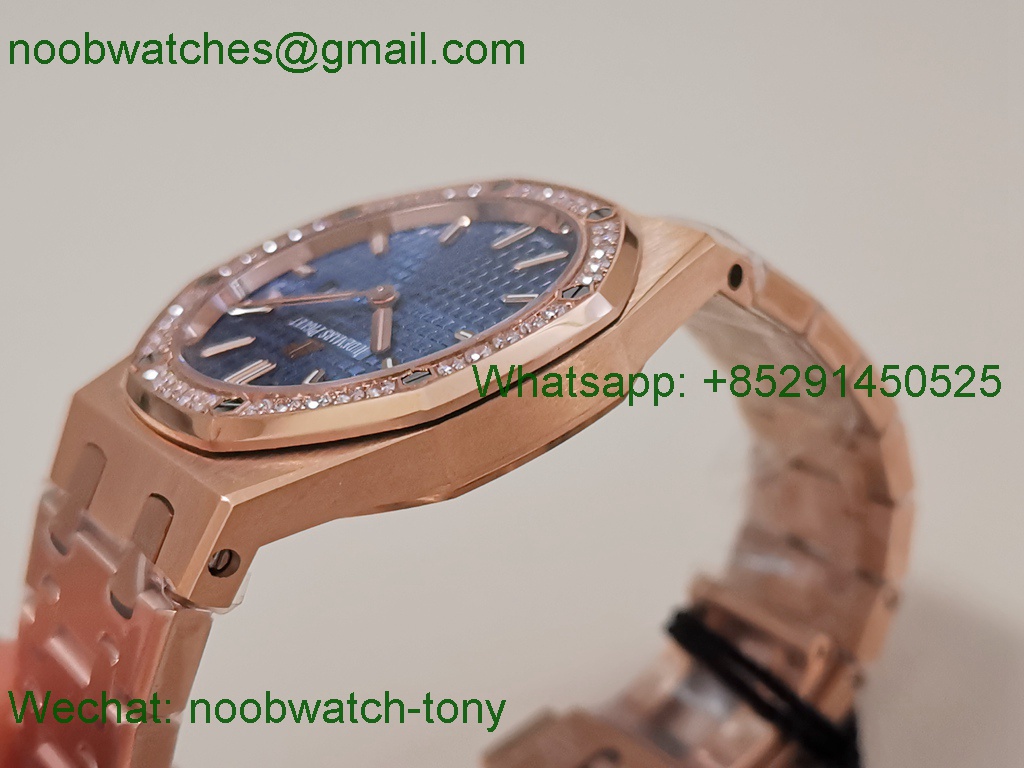 Replica Audemars Piguet AP Lady Royal Oak 33mm Rose Gold ZF 1:1 Best Blue Dial Diamonds ETA Quartz
