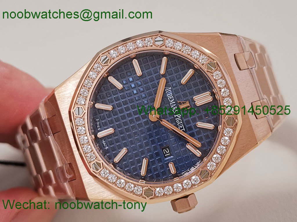 Replica Audemars Piguet AP Lady Royal Oak 33mm Rose Gold ZF 1:1 Best Blue Dial Diamonds ETA Quartz
