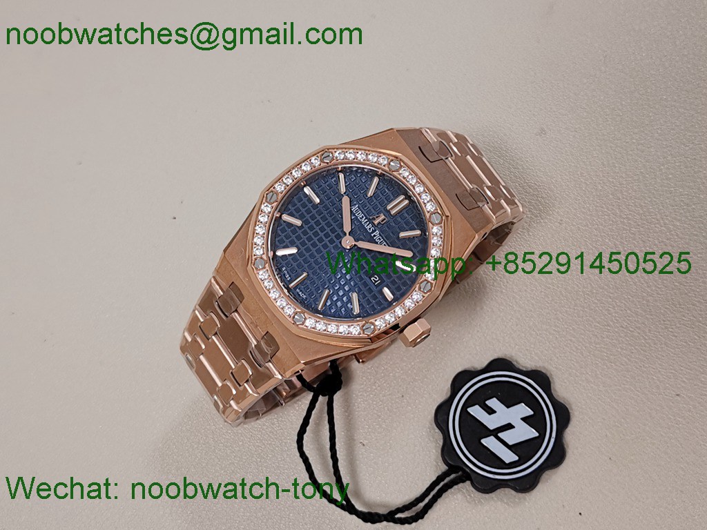Replica Audemars Piguet AP Lady Royal Oak 33mm Rose Gold ZF 1:1 Best Blue Dial Diamonds ETA Quartz
