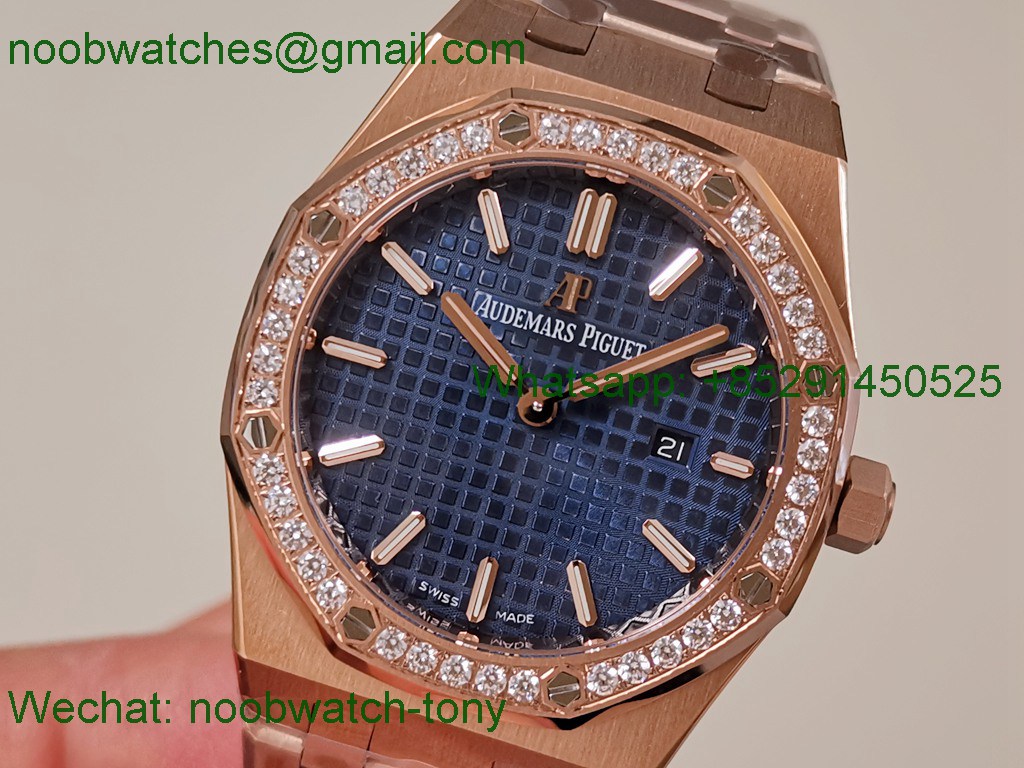 Replica Audemars Piguet AP Lady Royal Oak 33mm Rose Gold ZF 1:1 Best Blue Dial Diamonds ETA Quartz