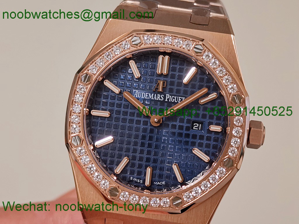 Replica Audemars Piguet AP Lady Royal Oak 33mm Rose Gold ZF 1:1 Best Blue Dial Diamonds ETA Quartz