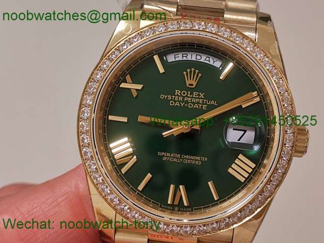 Replica Rolex DayDate 40 Yellow Gold QF SuperCLone Green Dial Diamond Bezel V5 Gain Weight 
