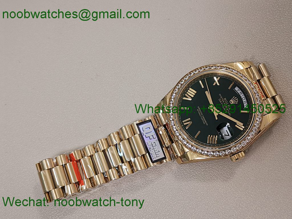 Replica Rolex DayDate 40 Yellow Gold QF SuperCLone Green Dial Diamond Bezel V5 Gain Weight 