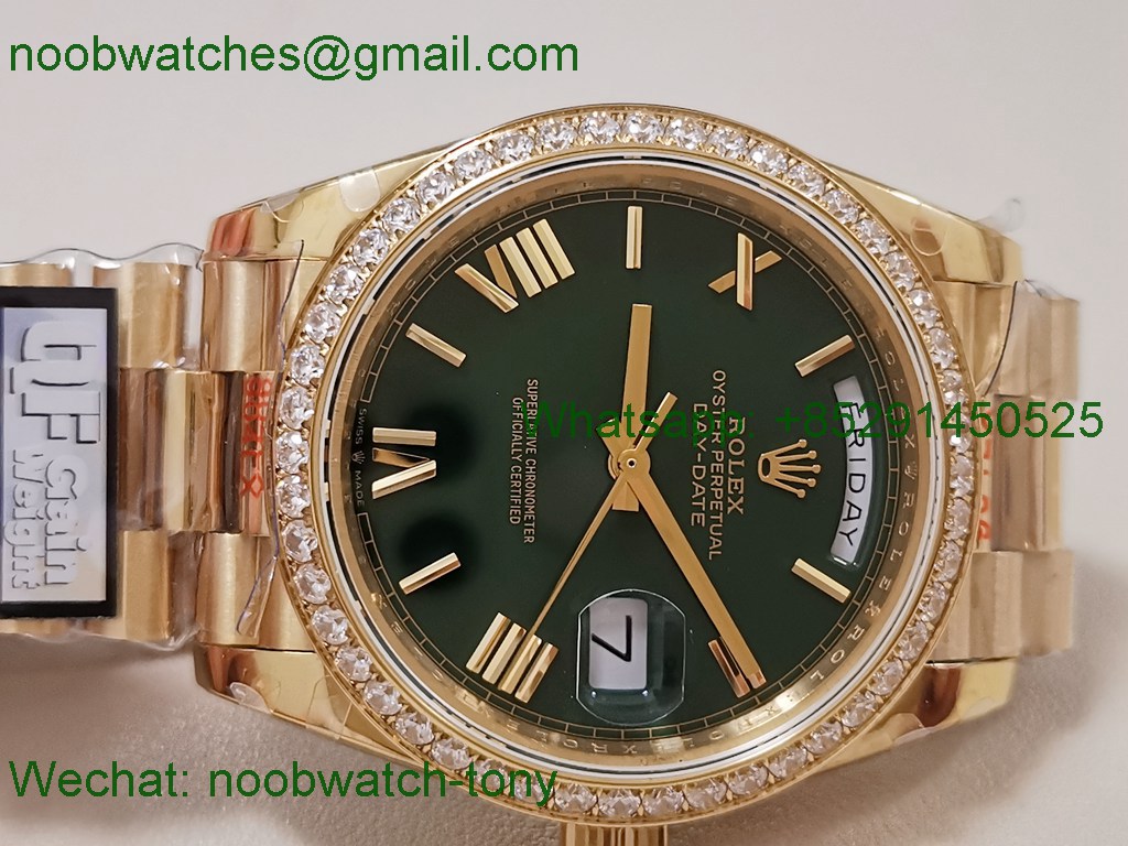 Replica Rolex DayDate 40 Yellow Gold QF SuperCLone Green Dial Diamond Bezel V5 Gain Weight 