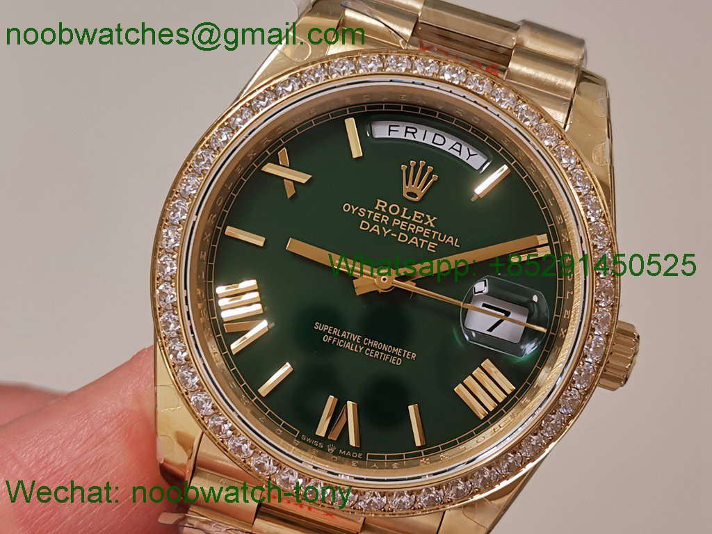 Replica Rolex DayDate 40 Yellow Gold QF SuperCLone Green Dial Diamond Bezel V5 Gain Weight 