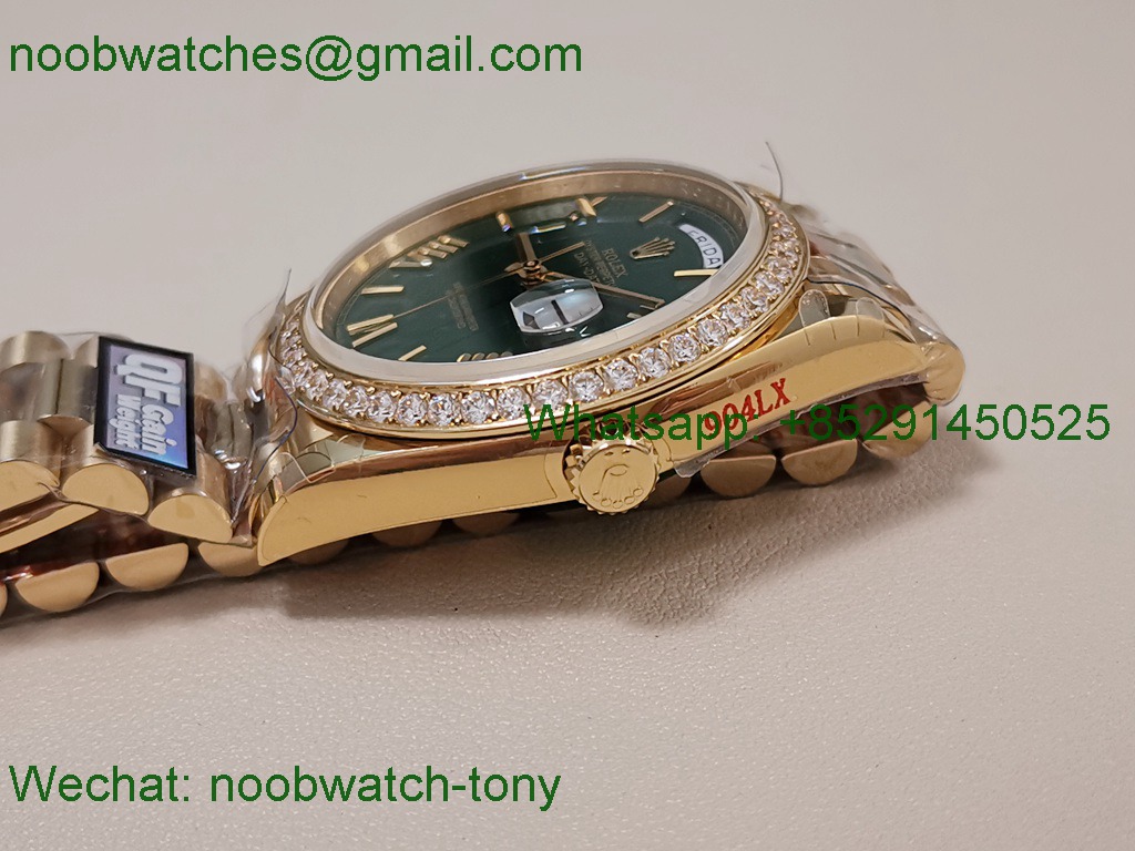 Replica Rolex DayDate 40 Yellow Gold QF SuperCLone Green Dial Diamond Bezel V5 Gain Weight 