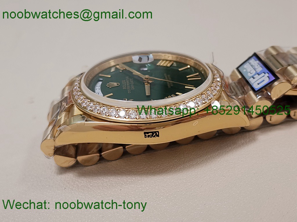 Replica Rolex DayDate 40 Yellow Gold QF SuperCLone Green Dial Diamond Bezel V5 Gain Weight 