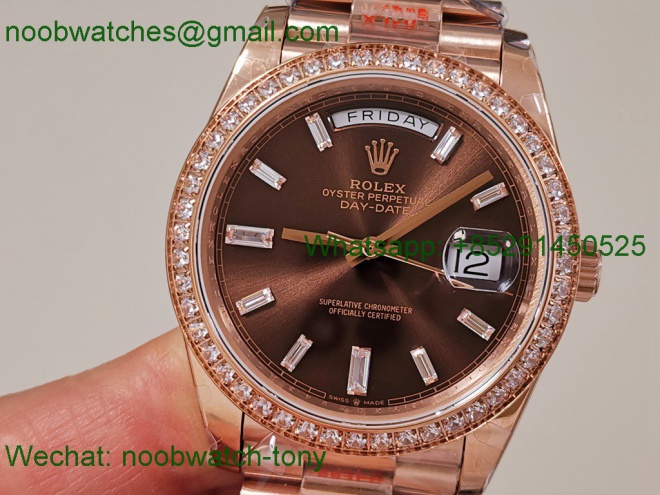 Replica Rolex DayDate 40 Rose Gold QF SuperCLone Brown Dial Diamond Bezel V5 Gain Weight Heavy