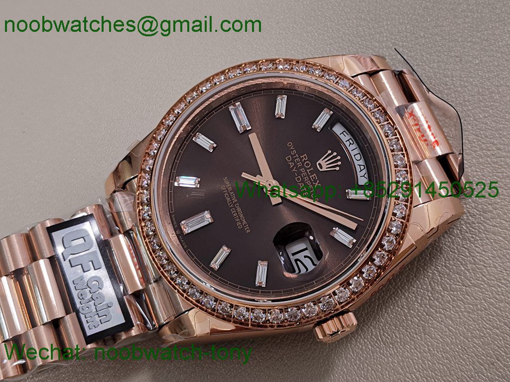 Replica Rolex DayDate 40 Rose Gold QF SuperCLone Brown Dial Diamond Bezel V5 Gain Weight Heavy